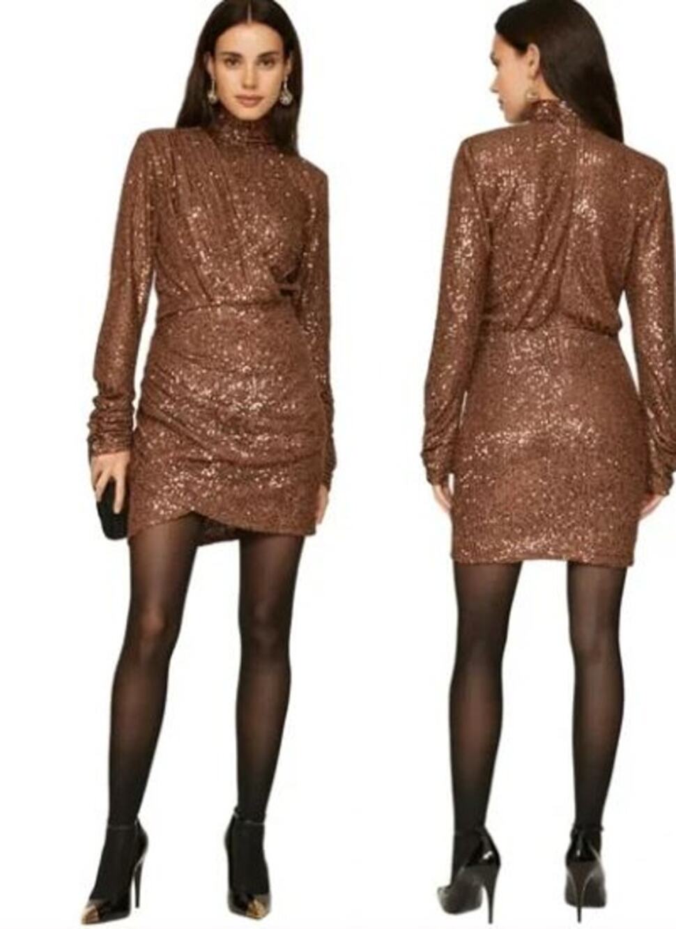 Ronny Kobo Jane Dress Sequined Knit Mock Neck Mini Dress in Brown Size XL